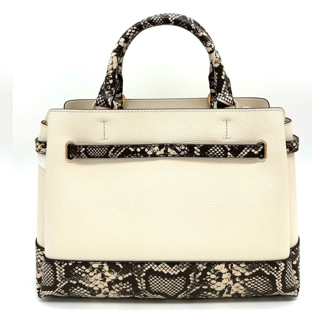 Michael Kors Large Reed Leather Belted Satchel Crossbody Bag Cream Snakeskin